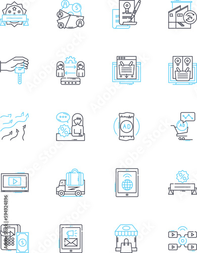 Economy publicity linear icons set. Recession, Inflation, Stockmarket, Exchange, Fiscal, Deflation, Tariff line vector and concept signs. Trade,GDP,Budget outline illustrations photo