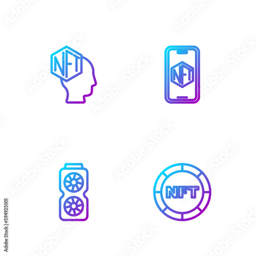 Set line NFT Digital crypto art, Video graphic card, and Mobile with store app. Gradient color icons. Vector