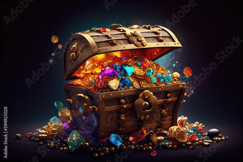 treasure chest bursting with gold coins and jewels, created with generative ai photo