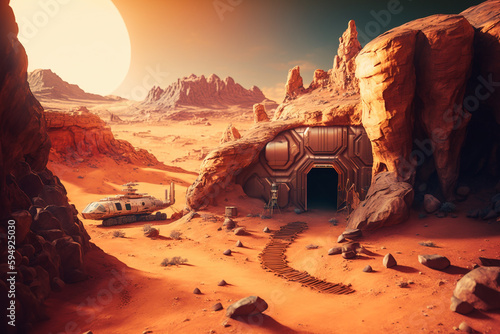 Foto Base Camp, human colony on mars, futuristic concept of Colonization planet Mars