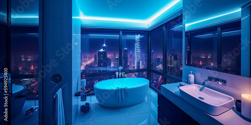 A detailed image of a modern bathroom, illuminated by LED strips, with large windows overlooking the greatest city view of skyscrapers - Generative AI