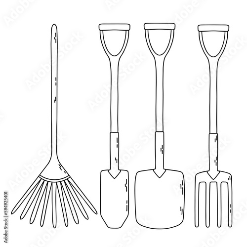 Garden tools: shovelы, pitchwork, broom. Vector outline illustration