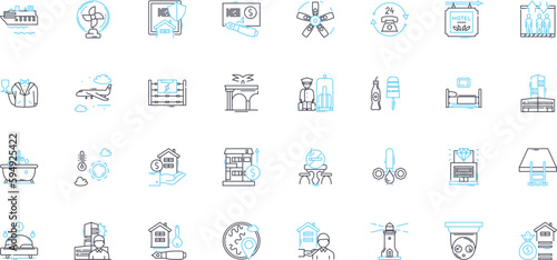 Lodging industry linear icons set. Accommodation, Hospitality, Tourism, Lodging, Travel, Hotel, Motel line vector and concept signs. Resort,Hostel,Vacation outline illustrations