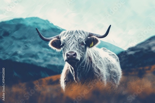 Scottish cow in the mountains, Generative AI