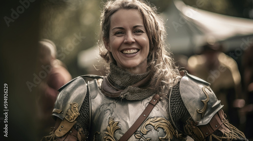 Smiling Happy Older Woman in Plate Armor Battle Warrior at Renaissance Fair, Generative AI photo