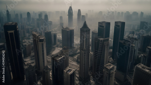 View of skyscrapers via drone generative ai