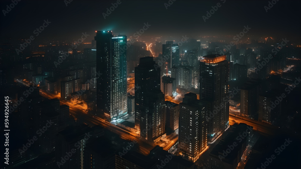 View of skyscrapers by drone at night ,generative ai