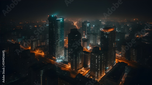 View of skyscrapers by drone at night  generative ai