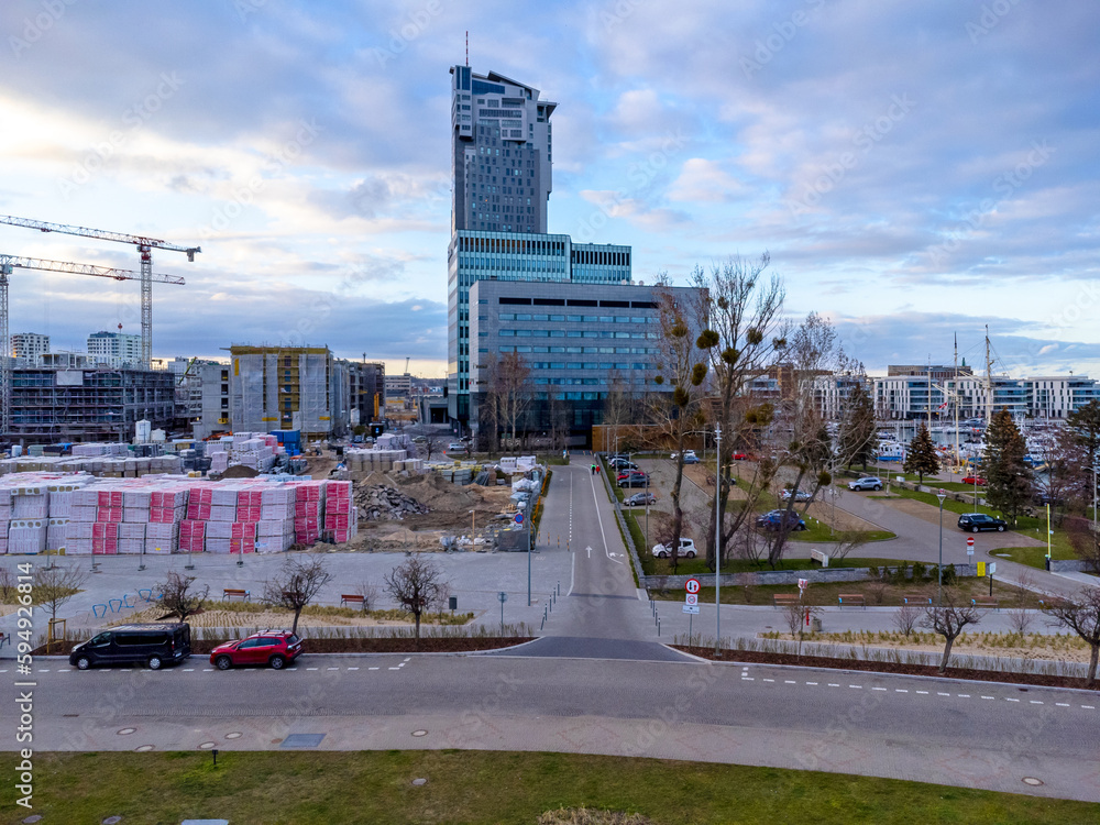 City landscape Poland Gdynia, skyscraper, buildings, construction in progress.