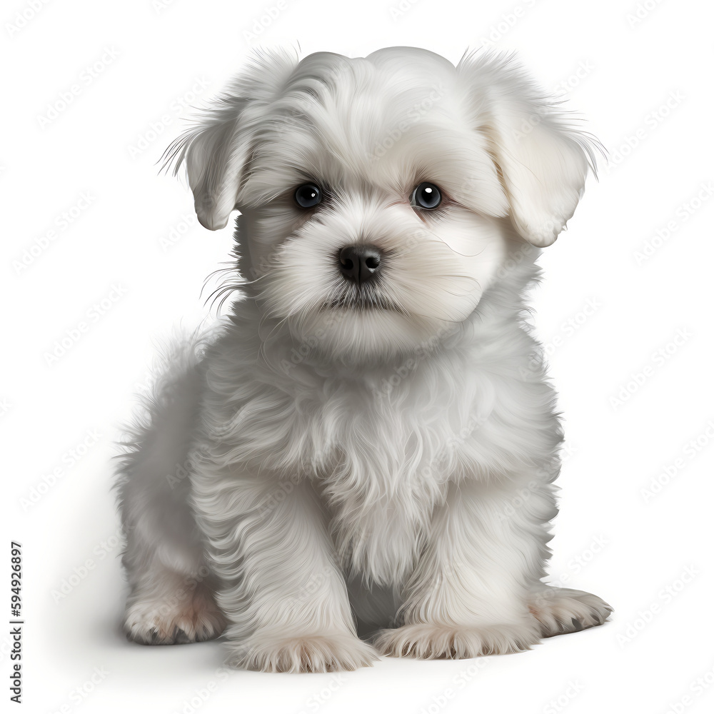 A Maltese Puppy, White Background 01. AI generative.