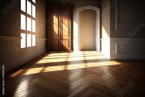 architecture and parquet or hardwood floor with sunlight in room, created with generative ai
