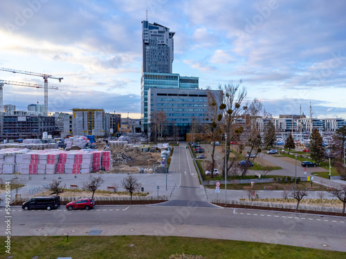 Obraz na płótnie City landscape Poland Gdynia, skyscraper, buildings, construction in progress. w salonie
