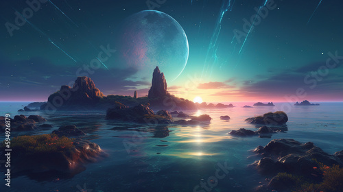 Fantasy landscape with stars, planets and sea. AI