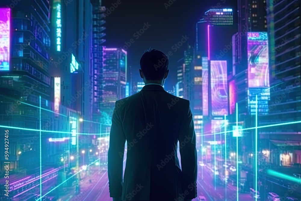 A robot businessman is viewed from the back in a bustling city with towering structures, cutting-edge technology, and a thriving economy, emphasizing the idea of progress. AI-generated. A robot businessman is viewed from the back in a bustling city with towering structures, cutting-edge technology, and a thriving economy, emphasizing the idea of progress. AI-generated.