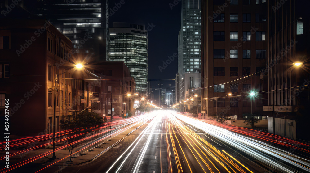 A stunning photograph of light trails in an urban environment, capturing the rhythm and movement of the city. The trails should be white or light-colored, and the background should be a mix of build