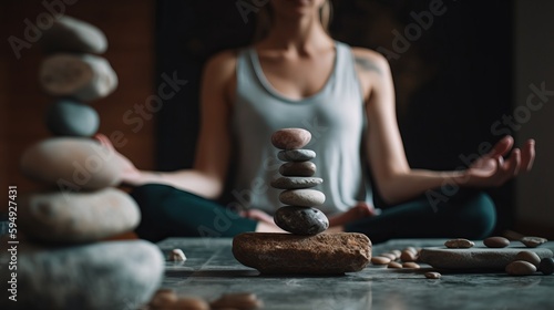 Woman lifestyle balanced practicing meditate and zen. AI generated