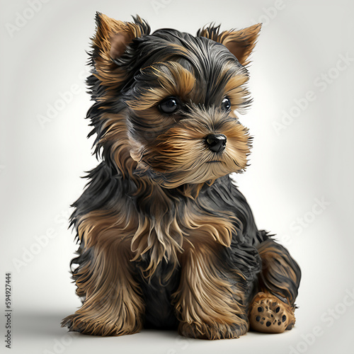 A Yorkshire Terrier Puppy, White Background 02. AI generative.