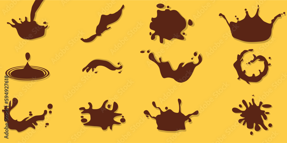set of flat vector hot chocolate, cocoa or coffee, melted, splashes with drops, lumps, spots. Consuming liquid dessert, advertising product, splash design element for promo