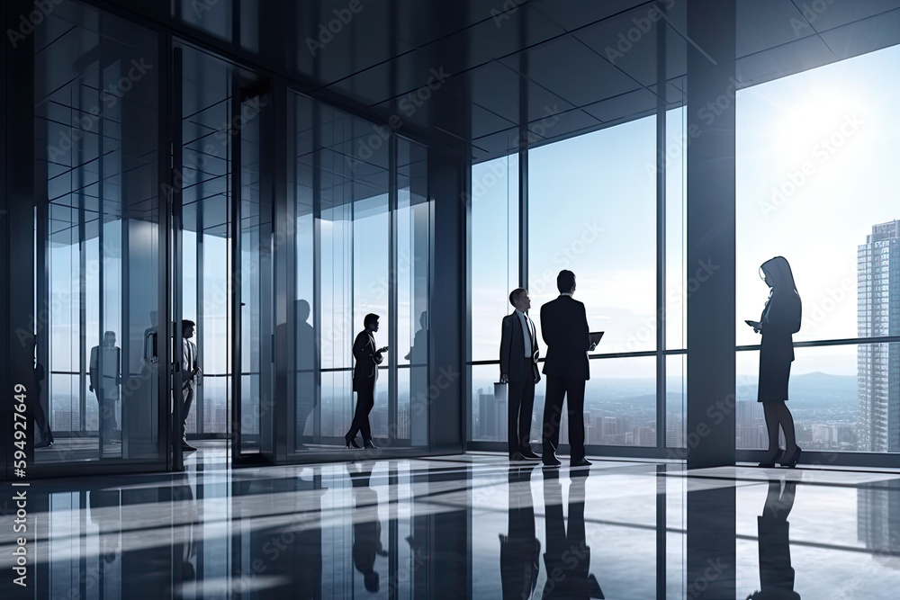 business people discussing business in the office view from outside the building business people discussing business in the office view from outside the building