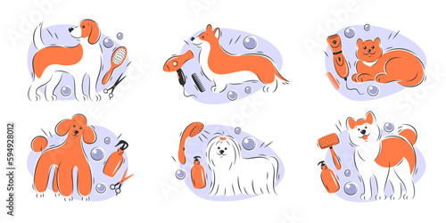 Pet grooming salon icon set. Dog and cat beauty grooming salon, haircuts, bathing, care hair of pet. Vector illustration.