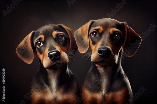 portrait of two cute dogs sitting side by side, with their heads turned towards the camera, created with generative ai © Natalia