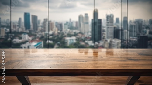 Wood table top on blur glass window wall building background