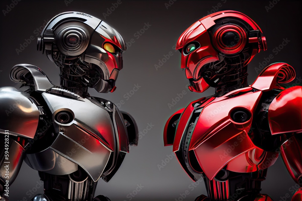 two robots, one with red and black color scheme and the other with sleek metallic finish, face off against each other, created with generative ai two robots, one with red and black color scheme and the other with sleek metallic finish, face off against each other, created with generative ai