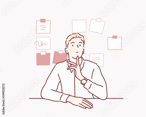 Business man surrounded by stickers thinking about his to-do list. Hand drawn style vector design illustrations.