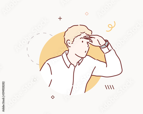 Face of funny male searching something isolated on white. Curious guy looking through circle shape. Hand drawn style vector design illustrations.