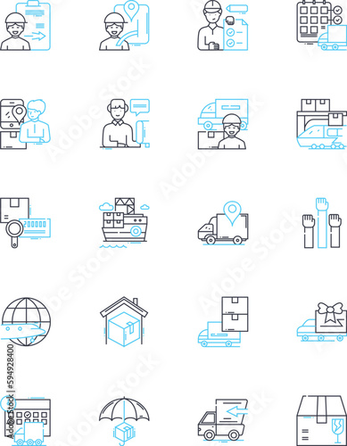 Freight forwarding linear icons set. Shipping, Logistics, Transportation, Cargo, Carrier, Warehousing, Import line vector and concept signs. Export,Customs,Brokerage outline illustrations