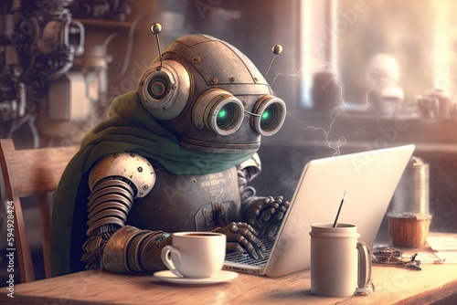 cute robot, working on a report about the history of coffee for school project, in cozy cafe with laptop, created with generative ai