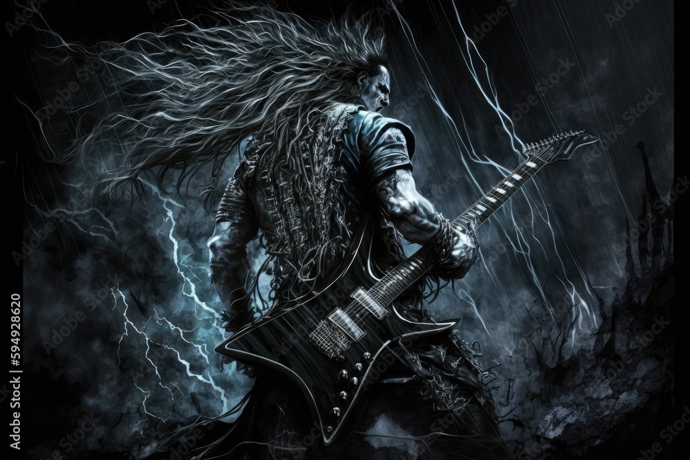 Obraz premium heavy metal guitarist, shredding on electric guitar, in dark and brooding setting, created with generative ai