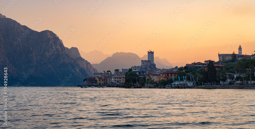 Italy, Lake Garda, Castle of Malcesine during sunrise