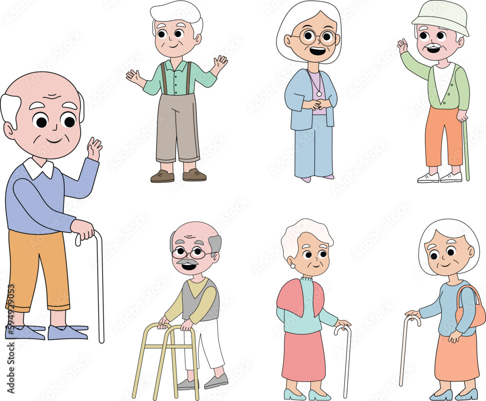 Set of elderly people on white background. Vector illustration in cartoon style. Set of elderly people on white background. Vector illustration in cartoon style.