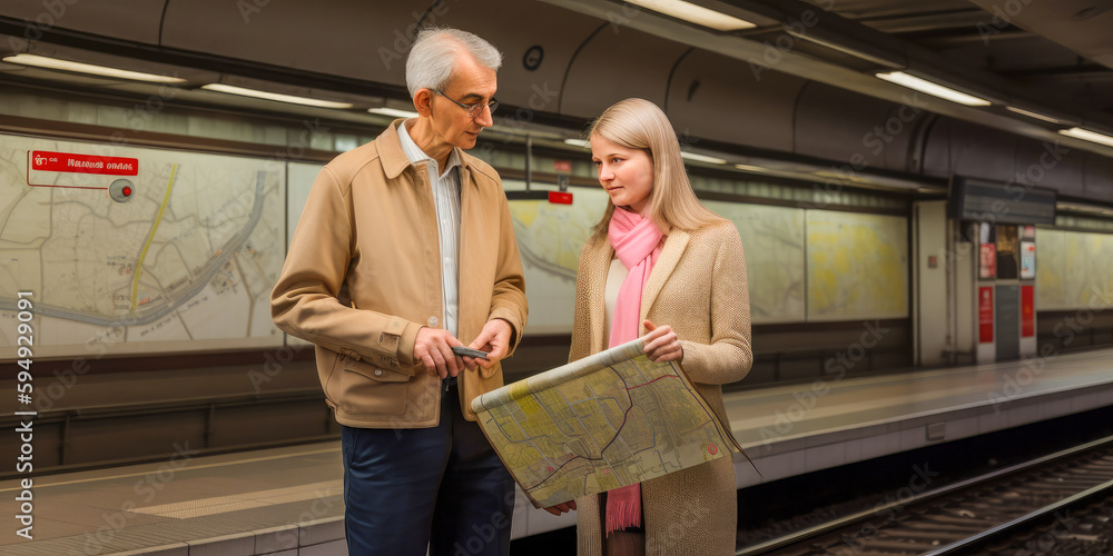 Senior Couple Waits on Underground Platform holding a city map - Generative AI Senior Couple Waits on Underground Platform holding a city map - Generative AI