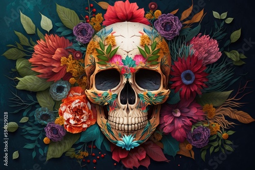 day of the dead skull, surrounded by colorful flowers and plants, created with generative ai