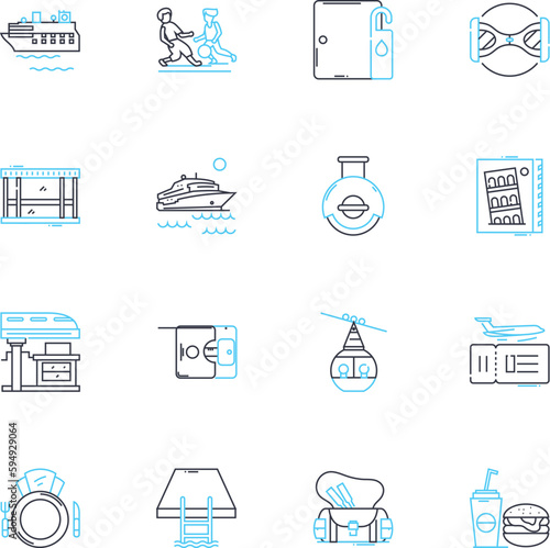 Enjoyable jaunt linear icons set. Adventure, Escapade, Expedition, Fun, Leisure, Excursion, Outing line vector and concept signs. Tour,Journey,Expedition outline illustrations
