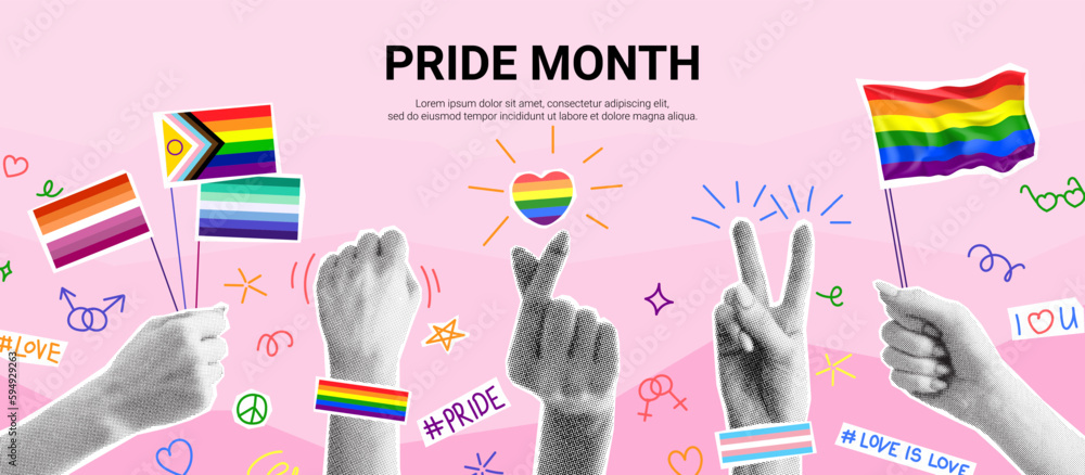 Pride Month collage concept. Vector illustration with halftone hands holding flags and shows different gestures. Collage with cut out paper elements for decoration of LGBT events. - obrazy, fototapety, plakaty 