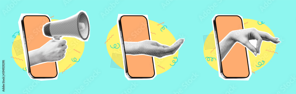 Set of collage elements with phones and hands. Vector illustration with hands coming out of phones and showing different gestures. Retro banner with cut out paper elements. - obrazy, fototapety, plakaty 