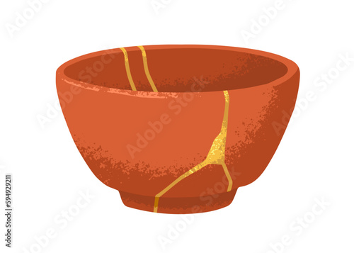 Chinese pottery, ceramic bowl in Asian eastern kintsugi style. Reborn broken dish design, repaired with golden lacquer lines, gold pattern. Flat vector illustration isolated on white background