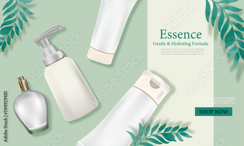 Product ad template design, 3D vector illustration of face wash tube, serum bottle, perfume etc on natural botanical abstract background.