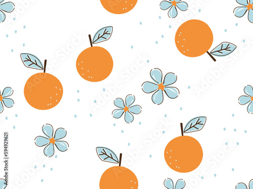 Seamless pattern with orange fruit and blue flower on white background vector illustration. Cute fruit print.