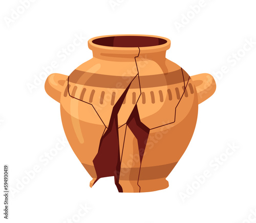 Broken antique pot. Old ancient pottery, cracked fracture ceramic vessel. Cla...