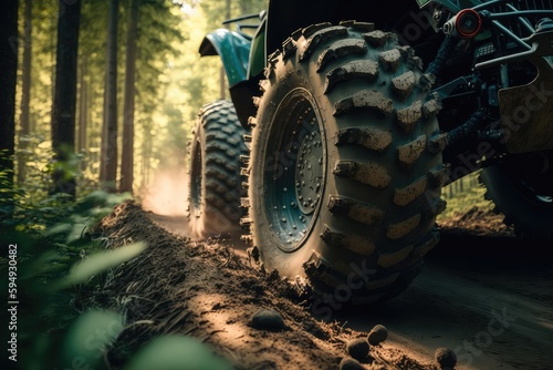 close-up of the wheel and tracks of an atv through forest, created with generative ai