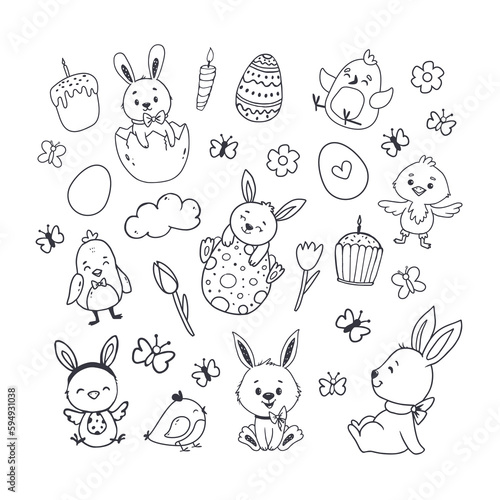 set of easter elements on white background for your design. Easter bunny and eggs in doodle style. Vector illustration