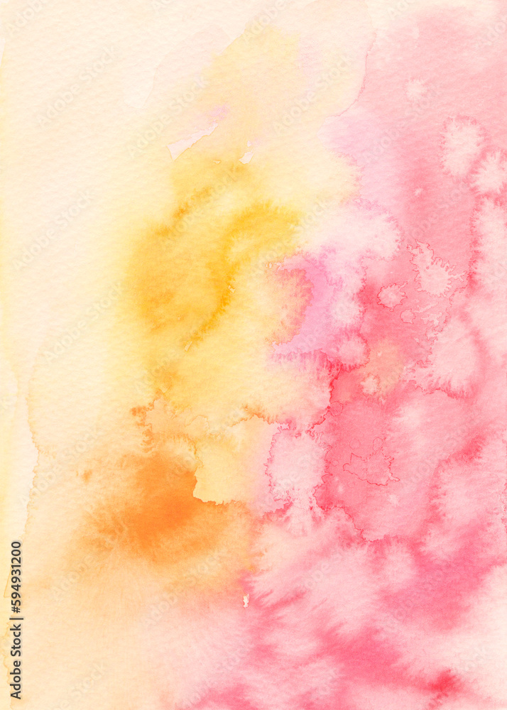 Obraz premium Pink, yellow, orange watercolor stains background, invitation card decor, social media post texture