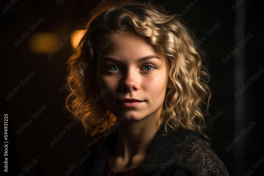 Portrait of a young beautiful woman against dark blurred background.