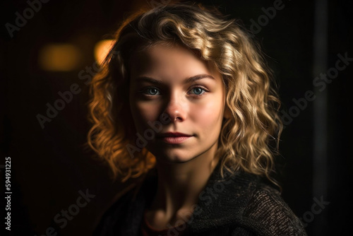 Portrait of a young beautiful woman against dark blurred background.