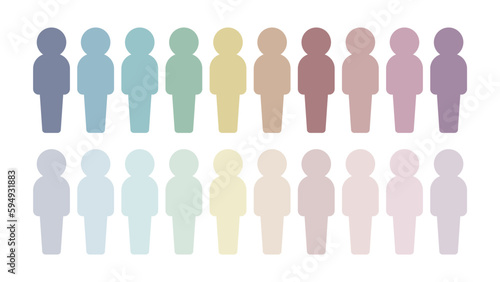 落ち着いた色味の20色で色分けした立っている人型のアイコン･ピクトグラムのセット - カラフル 