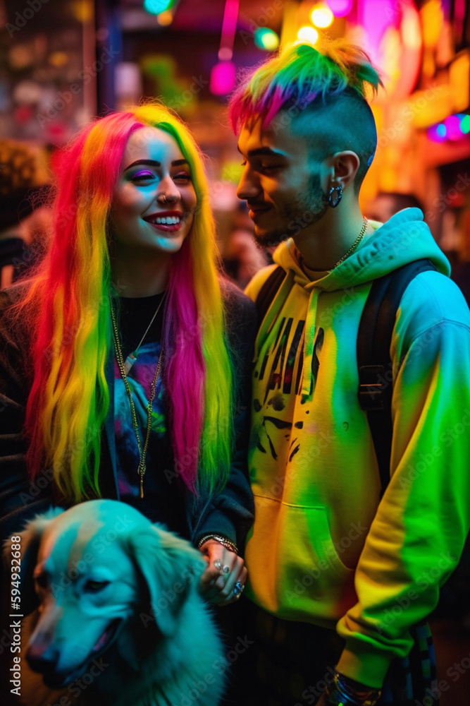 Obraz premium Colorful Joy: A Vibrant Collection of People Celebrating Life in Rainbow Hues, Enhanced by Generative AI Art, Including Children and Pets, Generative AI, Generativ, KI